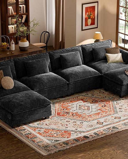 ELUCHANG 150" Modular Sectional Sofa, Comfy Deep Seat Cloud Couch, 6 Seater U Shaped Modern Sofa with Removable Cover for Living Room, Apartment, DIY Combination, Chenille Black