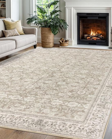 6x9 Area Rug for Bedroom, Cream Beige White Grey Large Washable Area Rug for Living Room, Soft Vintage Rugs with Non-Slip, Non-Shedding Farmhouse Carpet for Nursery, Office, Dining Room