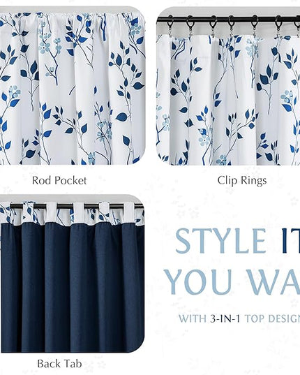 Beauoop Floral 100% Blackout Curtains 63 Inch Length 2 Panels for Bedroom Living Room Navy Blue and White Flower Patterned Room Darkening Thermal Soundproof Rod Pocket Back Tab Window Drapes, 52X63