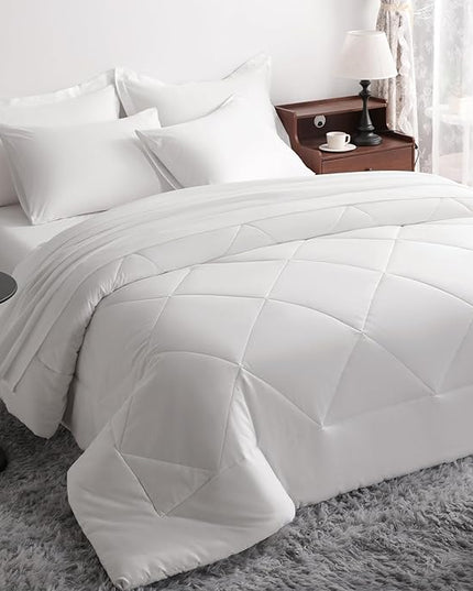 NTBAY Queen Comforter Set with Sheets, 7 Pieces Soft and Breathable Queen Bedding Set, Bed in a Bag, Down Alternative Comforter Set Solid Color All Season, Queen Bedding Set, White