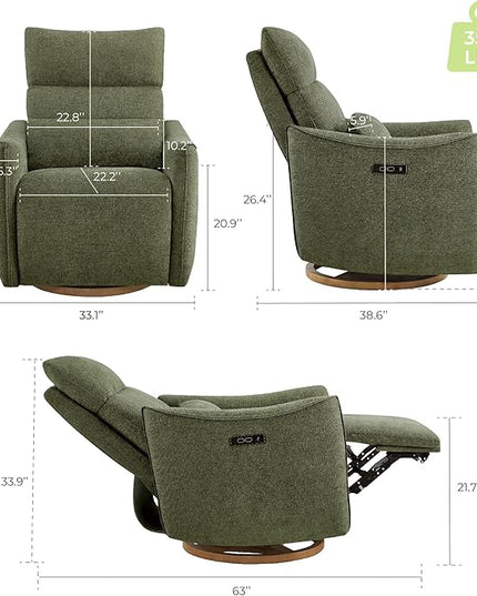 CHITA Swivel Rocker Recliner Chair, Power Nursery Glider Recliner, Nursery Rocking Chair with Adjustable Power Headrest, FSC Certified, Solid Wood Base, Moss Green