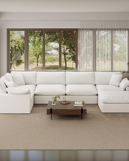 221.6" Oversized Cloud Modular Sectional Sofa,6 Seat Down Filled Sofa,Comfy Deep Seat Couch with Reversible Chaise & Cushions,Couch Cover Washable and Replaceable,White