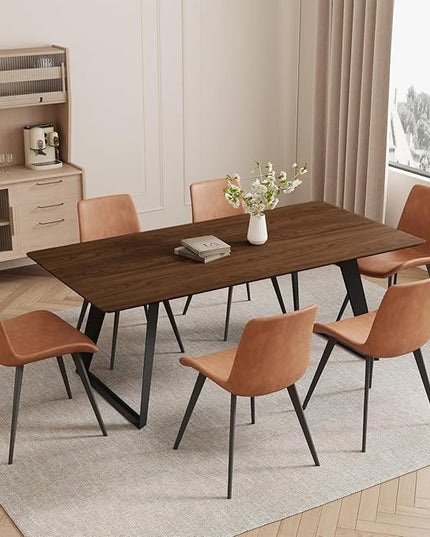 ZckyCine 63"-79" Extendable Dining Table Set for 6, Modern Walnut Color Table with 6 Brown Chairs, Retractable Wood Table and Chair Set for Kitchen and Dining Room