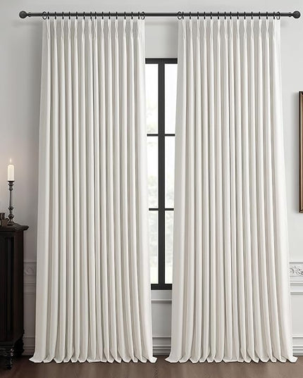 Extra Wide 70 Inch Pinch Pleated Floor to Ceiling Curtains 120 Inches Long for Dining Room, Beige White Blackout Memory Trained Double Layer Linen Insulated Soundproof Drapes Rustic Curtain 2 Panels