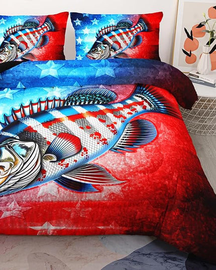 AILONEN Pike Fish Bedding Set Twin Size - Red and Blue Bass Big Fishing Comforter Set with 2 Pillowcases,3-Piece Hunting Bedding