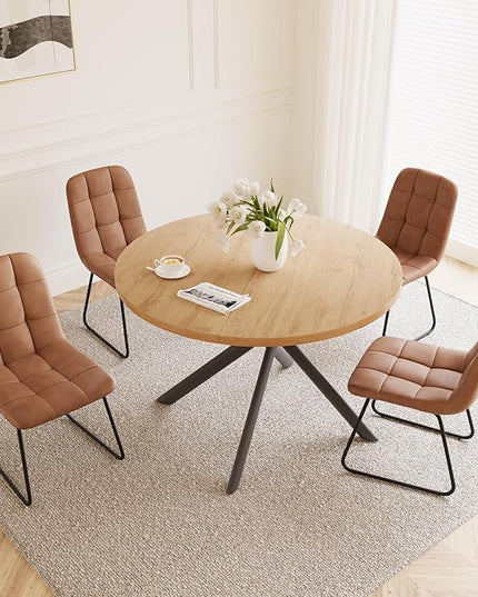 45.3 Inch Round Dining Table Set for 4, Mid Century Modern Small Kitchen Coffee Set for Dining Room Kitchen Apartment (Oak Table + 4 U-Shaped Brown Chairs)