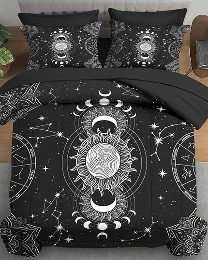 Comforter Set Queen Size, Sun Moon Tarot Vintage 7 Pcs Bedding for Kids and Adults, Boho Bohemian Retro Bed Sheet Sets with Fitted Sheet 2 Pillowcases & 2 Shams for Bedroom Bed Decor