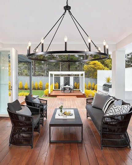 Black Wagon Wheel Chandelier 38 inch,12-Light Farmhouse Wagon Wheel Chandeliers Round Industrial Ceiling Rustic Country Light fixtures for Outdoor Porch high Ceilings Living Dining Room Foyer Entryway