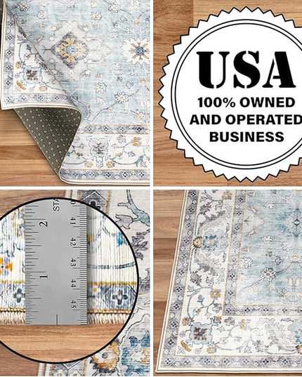 ReaLife Rugs Machine Washable Area Rug Runner - Living Room Bedroom Bathroom Kitchen Entryway Office - Padded Low Pile Stain Resistant Premium - Boho Farmhouse Vintage - BEV - Blue Ivory 2'6" x 6'