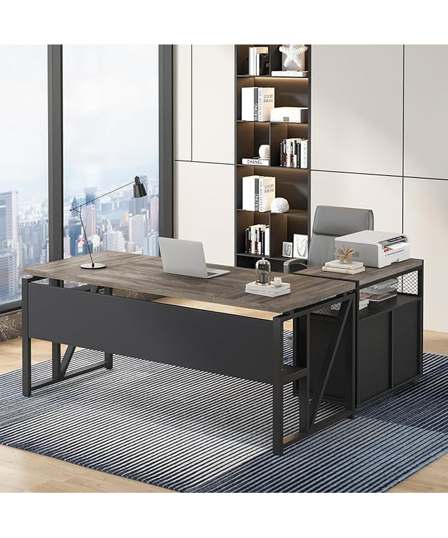 Tribesigns 63" Executive Desk with Reversible File Cabinet, Large L-Shaped Office Desk with Drawers, Business Furniture Workstation for Home Office (Dark Oak, 63-inch)