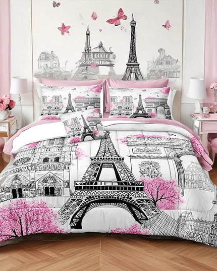 Bedbay 8 Pieces Pink Comforter Set Full Size Paris Bedroom Comforter Pink and Grey Comforter Set Full Bed in a Bag Eiffel Tower Beautiful Blossom Floral Paris Themed Bedroom Decor