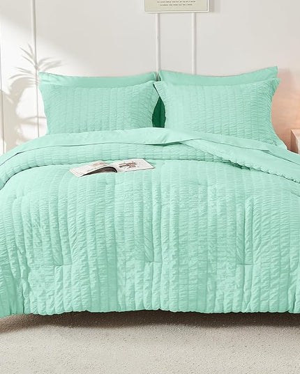 HYMOKEGE Mint Green California King Comforter Set Seersucker 7 Pieces, All Season Luxury Bed in a Bag for Bedroom, Bedding Set with Comforter, Sheets, Pillowcases & Shams