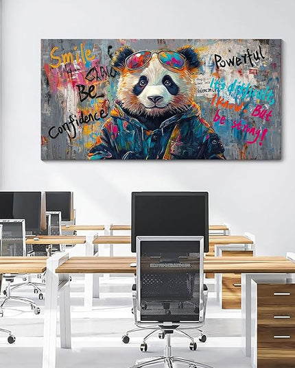 JEAWA Large Canvas Wall Art, Funny Panda Abstract Graffiti Street Art Pop Wall Picture Black and White Paintings Ready to Hang Living Room Bedroom Study Home Office Inspirational Decor 29x58 IN