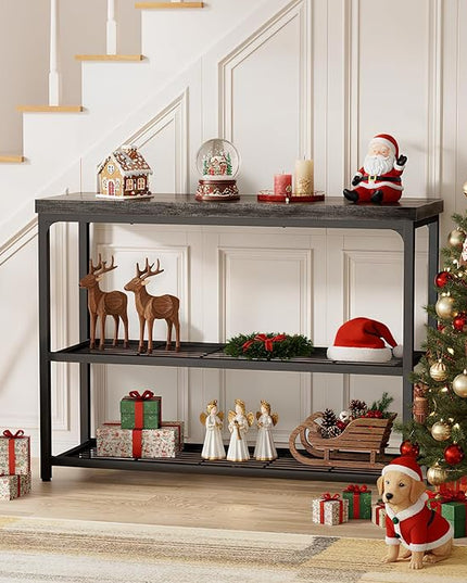 47" Console Table with Storage, 3-Tier Narrow Entryway Table, Sofa Table with Mesh Shelves, Console Tables for Living Room, Bedroom, Hallway, Entryway, Foyer, Oak Grey