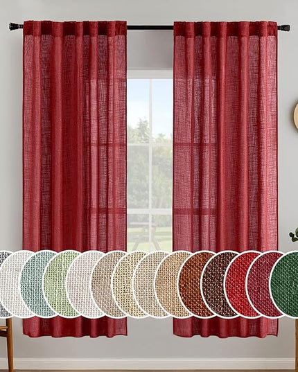 MIULEE Burgundy Red Linen Curtains 72 Inch Length for Bedroom Living Room, Soft Thick Linen Textured Window Drapes Semi Sheer Light Filtering Back Tab Rod Pocket Burlap Look Christmas Decor, 2 Panels