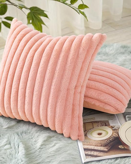 decorUhome Faux Fur Spring Throw Pillow Covers 24x24 Set of 2, Decorative Soft Plush Striped Neutral Couch Euro Pillow Covers with Velvet Back for Sofa, Bed, Living Room Home Decor, Blush Pink