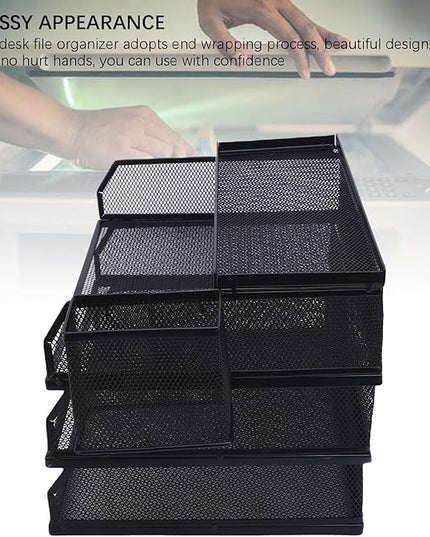 3 Tier Paper Organizer 3 Tray Letter Storage Mesh Desk A4 File Sorter with Top Box Pen Container for Home School Office Desk Organization Iron Metal Mesh Design