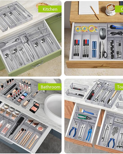 Neudeco Drawer Organizer Set 6 Pack - 5-Compartment Silverware Organizer Tray + 5 Utensil Trays, Kitchen Drawer Organizer for Flatware, Cutlery, Office Supplies, Silver Mesh, Non-Slip