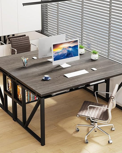 Tribesigns 55 inches Computer Desk with Bottom Storage Shelf Home Office Desk Writing Table for Workstation,Dark Walnut + Steel Leg， Cabinet not Included (Grey, 55-inch -with Shelf)