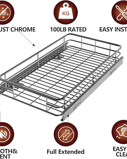 Pull Out Cabinet Organizer (20" W x 21" D), Put Out Shelves for Kitchen Cabinets, Roll Out Drawers Heavy-Duty Metal Sliding Shelf, Bottom Mount