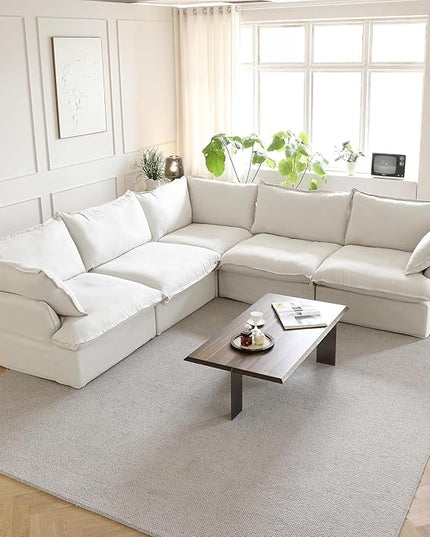 JACH V-Shaped Cloud Sectional Couch, Deep Seats Convertible Sofas, Minimalist Cloud Modular Sofa, Down Fill Soft Sofas for Living Room, Office, Apartment (5 Seats, White)