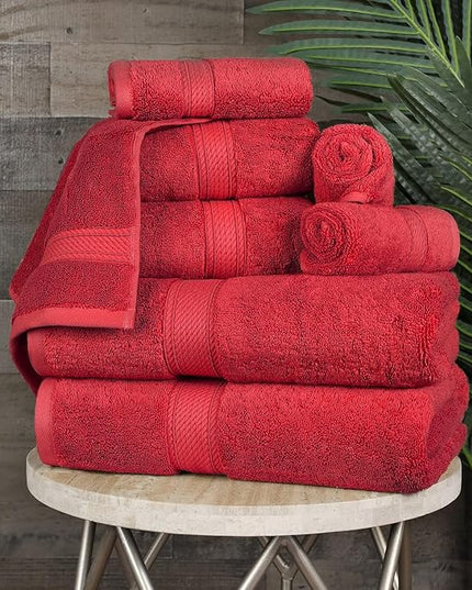 Superior Egyptian Cotton Pile 8 Piece Towel Set, Includes 2 Bath, 2 Hand, 4 Face Towels/Washcloths, Ultra Soft Luxury Towels, Thick Plush Essentials, Guest Bath, Spa, Hotel Bathroom, Red