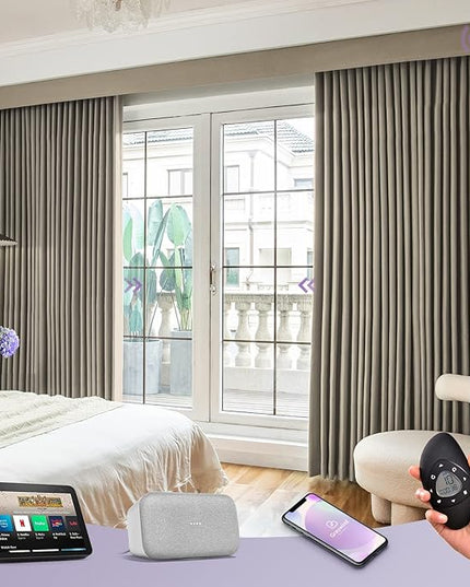 Graywind Rechargeable Smart Curtains Compatible with Alexa App Remote Control Motorized Drape for Sliding Door One-Way or Split Draw, Custom Width Up to 220" (Mocha Beige)