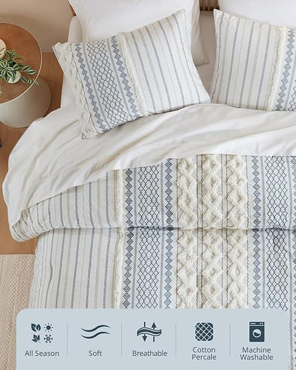 Ink+Ivy Comforter for King Size Bed, Chenille Tufted, Breathable Cotton Comforter Set King, All Season Modern Boho Comforter with Farmhouse Bedding Flare, 2 Matching Shams, King White/Navy 3 Piece