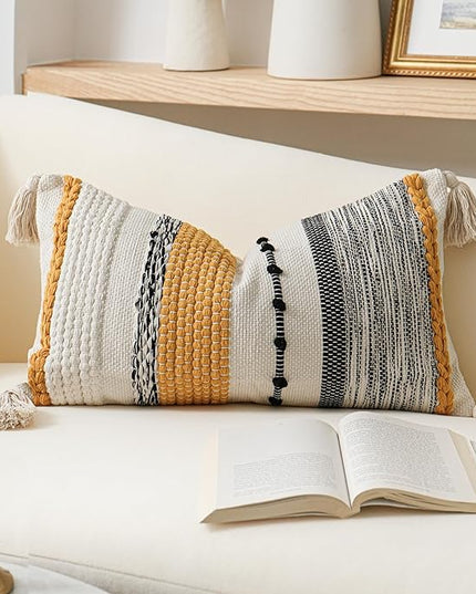 BlissBlush Decorative Lumbar Throw Pillow Cover 14x24 Boho Yellow Mustard Accent Cushion for Couch Sofa Farmhouse Pillowcase for Bedroom Living Room Home Décor Cover ONLY