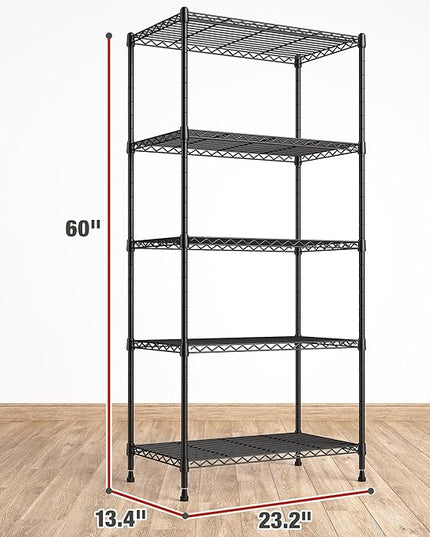 REIBII 5 Tier Storage Shelves Adjustable Wire Rack Shelving, Kitchen Shelves 13.4" D x 23.2" W x 60" H Strong Metal Shelves for Restaurant Garage Pantry，Black
