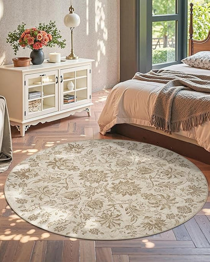 jinchan Torino Classic Floral Round Rug 6ft, Vintage-Inspired Neutral Design 6’Circle Rug, Machine Washable Ultra-Thin Low-Pile Non-Slip Indoor Carpet for Bedroom Living Room Entryway, Taupe