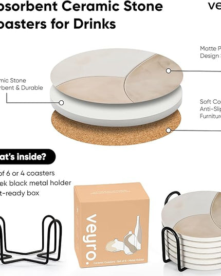 VEYRO Coasters Set of 4 for Drinks – Absorbent Ceramic Stone Drink Coasters with Cork Backing for Coffee Table & Desk, Modern Marble Look Cup Coaster Set, Housewarming Gift for New Home