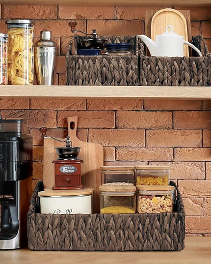 Ollieroo Natural Water Hyacinth Storage Baskets, Handwoven Wicker Storage Bins with Built-in Handles, Storage Container Baskets for Shelves, Bedroom, Bathroom, Laundry Room or Kitchen(Black)
