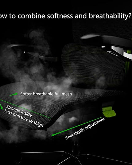 Ergonomic Office Chair, Mesh Home Office Desk Chair with Adaptive Lumbar Support, Gaming Chair with Headrest, 5D Armrest,90-130°Tilt, BIFMA Certified, Model Zen (Green)