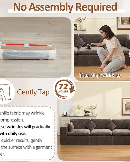 115''Cloud Boneless Sectional Couch, Modular Sectional Sofa Deep Seat, Oversized Upholstered Convertible Comfy 3 Seater Chenille Memory Foam Sofa Couches for Living Room, Brown