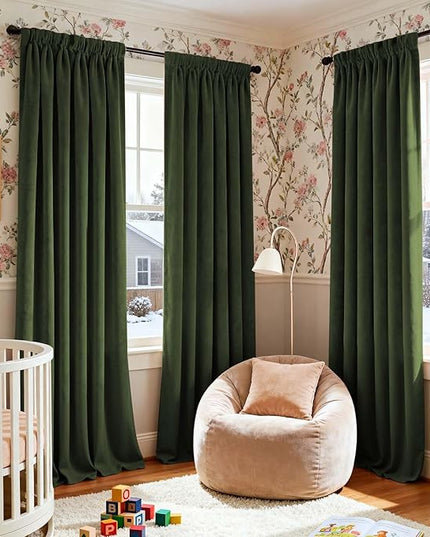 Lazzzy Velvet Blackout Curtains Thermal Insulated Room Window Drapes Super Soft Luxury Curtains for Living Room Bedroom Rod Pocket 2 Panels, Moss, 52" W x 120" L