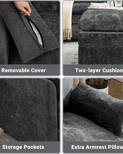 Tbfit Living Room Furniture Set, Loveseat Couch & Ottoman, Modern Comfy Cloud Sofa Set, Spring Seat Cushions, Chenille, Dark Gray