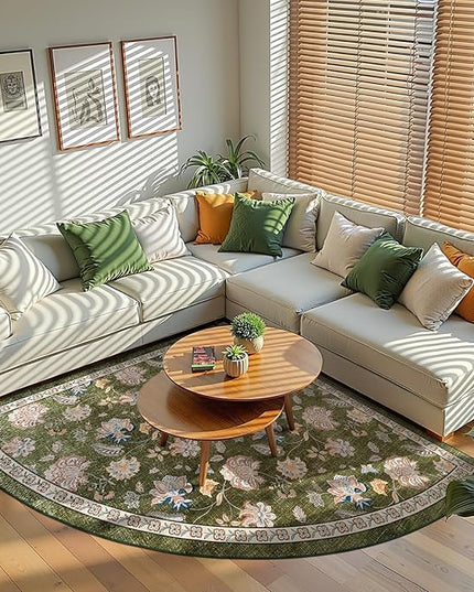 jinchan Elora Floral Corner Rug for Washable Nursery Rug Vintage Romance Christmas Design Non Slip Quarter Circle Lightweight Low-Pile Throw Carpet for Playroom Reading Office, 5ft Radius, Green