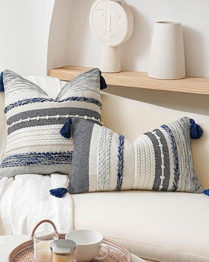 BlissBlush Navy Dark Blue Decorative Throw Pillow Cover 18x18 Square Boho Accent Pillowcase Tassels Farmhouse Cushion for Couch Sofa Bedroom Living Room Home Décor Cover ONLY