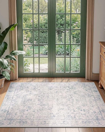 jinchan 3x5 Ivory Rugs for Entryway - Machine Washable Vintage Floral Ultra-Thin Low Pile Soft Throw Small Non-Slip Distressed Doormat Accent Rug for Entrance Kitchen Bedroom (3'x5', Ivory)