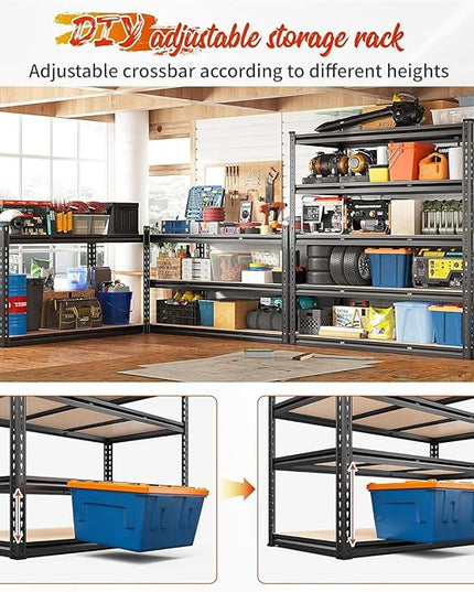 REIBII 48" W Garage Shelving 3020LBS Storage Shelves 5 Tier Heavy Duty Shelving Adjustable Garage Shelves for Basement, Warehouse, Commercial, Easy Assemble, 48" W x 72" H x 24" D, 2PC