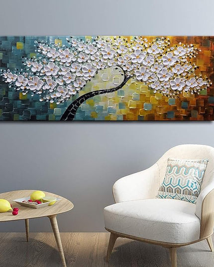 YaSheng Art - 100% Hand Painted Contemporary Art Oil Painting On Canvas Texture White 3D Flower Paintings Modern Home Bedroom Living Room Wall Decor Abstract Art Paintings 24x60inch