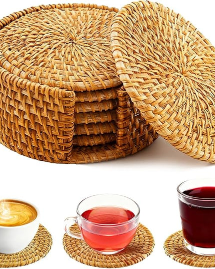 6Pcs Handmade Rattan Coasters with Holder -Woven Coasters for Drinks, Round Rattan Coaster, Rustic Farmhouse Wooden Coffee Table Decor, Kitchen, Dining Room, Housewarming Gift (Brown A)