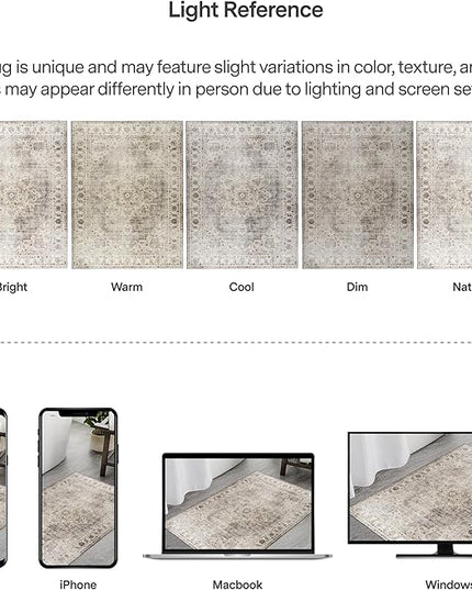 ReaLife Rugs Machine Washable Area Rug - Living Room Bedroom Bathroom Kitchen Entryway Office - Padded Crease Free Stain Resistant Premium - Boho Farmhouse Vintage- Joy- Beige Ivory - 2'x 3'