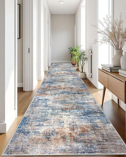 IOHOUZE Abstract Runner Rug 3x18 Ft Extra Long Washable Runners for Hallways, Non Slip Kitchen Runner Printed Faux Wool Entryway Runner Indoor, Modern Abstract Floor Carpet for Hall Stair, Blue Rust