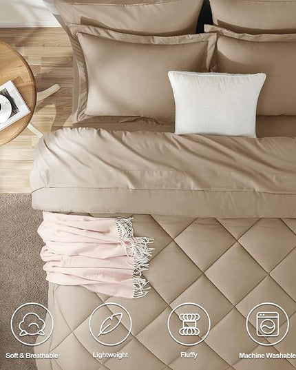 CozyLux Full Size Comforter Sets Taupe - 7 Pieces Bed in a Bag Full, Luxury Soft Bed Set for All Seasons, Bedding Set with Down Alternative Comforter, Sheets, Pillowcases & Shams