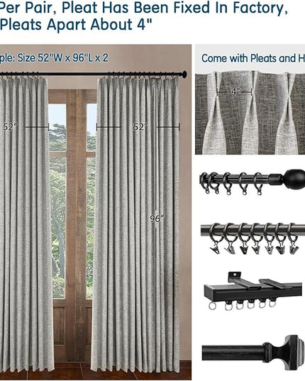 LETAU Linen Texture Grey Curtains 102 inches Long, 100% Blackout Privacy Pinch Pleated Curtain Panel Ceiling, 52" W x 102" L, 2 Panels