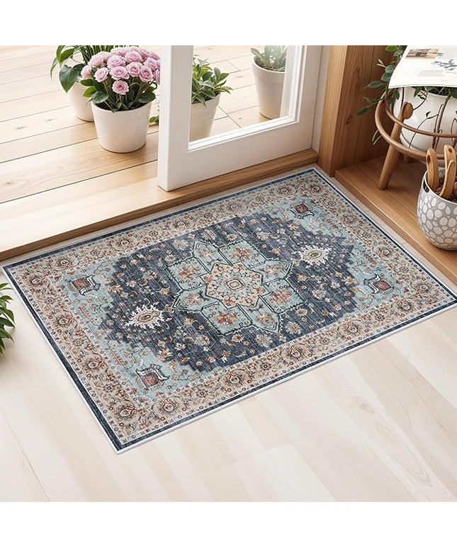 Washable Oriental Area Rug - 2x3 Rugs for Living Room Soft Carpet for Bedroom Waterproof Floral Distressed Indoor Stain Resistant Non-Shedding Floor Carpets (Blue/Teal/Orange, 2x3)