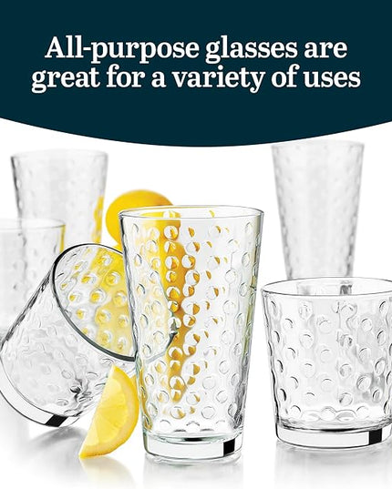 Libbey Awa Tumbler and Rock Glasses Drinking Set, Elegant Polka Dot Drinking Glasses Set of 16, All Purpose Glass Cups Set for Events and Everyday Use