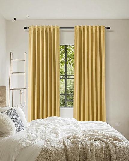 Guken Blackout Curtains 100 Inch Length 2 Panels Set for Living Room Bedroom Back Tab Thermal Insulated 100% Black Out Linen Drapes Room Darkening Window Curtains 100 Inches Long,Gold